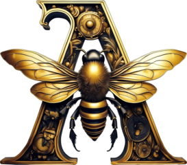  Letra A, abeja, abejorro, letra, animal, vector, administrar, ilustración, canis lupus, arte, negro, inhospitalario, ia, dorado y negro