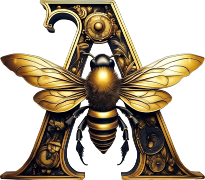  Letra A, abeja, abejorro, letra, animal, vector, administrar, ilustración, canis lupus, arte, negro, inhospitalario, ia, dorado y negro