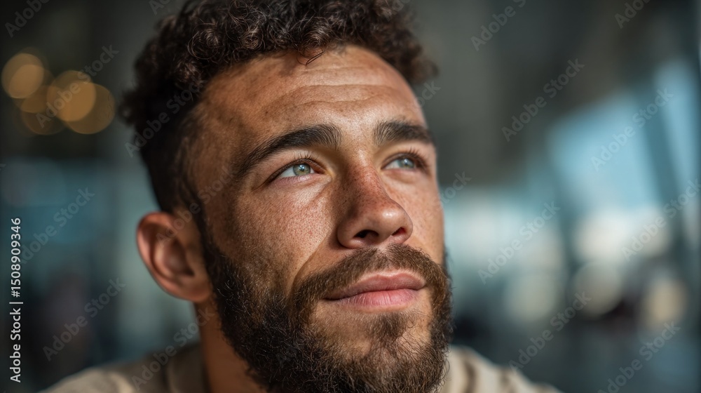 Poster A man with curly hair and a beard gazes thoughtfully into the distance. The background is softly blurred, creating a calm and introspective atmosphere, hinting at a relaxed setting