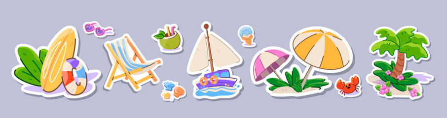 Cartoon summer vacation elements stickers set on gray background. Vector flat icons banner