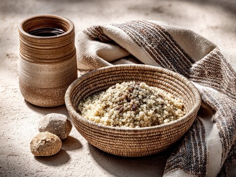 Savoring azifa lentil salad with mustard and lemon in a woven bowl, paired with tella on a picnic blanket
