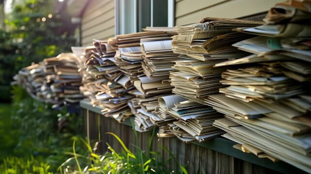 Overstuffed mailbox overflowing with newspapers and junk mail on suburban street.