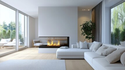 Fototapeta premium Stylish living room with white sofa, modern fireplace, and pillows