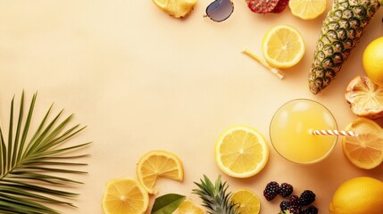 Summer beach theme with fruits, lemonade, sun accessories on tan backdrop. Healthy vacation concept with space for text.