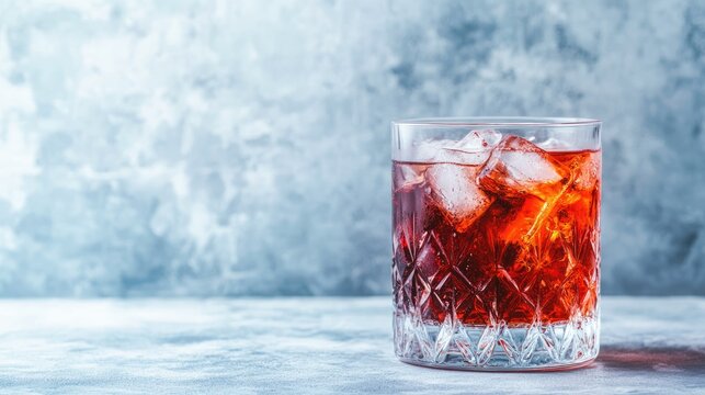 Tasty Negroni cocktail in glass on light background with room for text