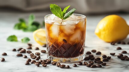 Trendy summer beverage featuring espresso, tonic, mint, ice, lemon on marble surface with beans.