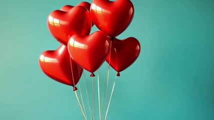 Red heart balloons floating against blue backdrop. Love, celebration, romance, festive mood for valentines day, anniversary, birthday concepts. - Powered by Adobe