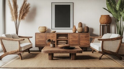 Unique modern living room with wooden furniture, rattan decor, mock-up poster, carpet, and chic accessories.