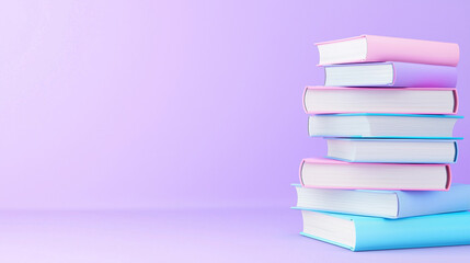Colorful stacked books on minimalist gradient background create serene and inviting atmosphere for reading and learning
