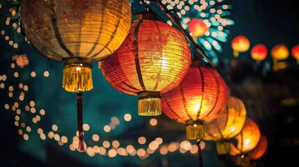 Vibrant lanterns illuminated in night with fireworks.
