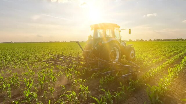 Tractor cultivating in a corn field at sunset, slow motion. Interrow cultivator in corn field for mechanical weed control between the plant rows. Spring day landscape, rural scene