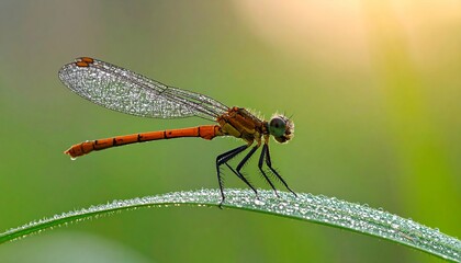 Red Dragonfly with Dew Drops on Leaf