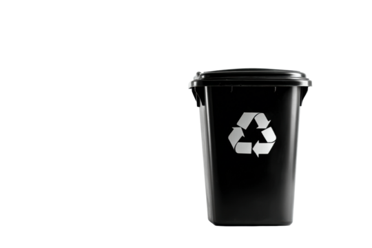 PNG Black recycling bin with lid and recycle symbol for waste management