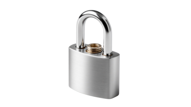Lock of Security: A close-up shot of a sleek, silver padlock stands as a symbol of security, protection, and privacy, reflecting the essence of safeguarding possessions and confidential data.