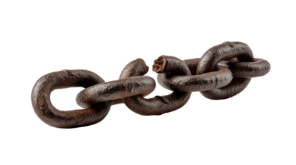 Freedom's Embrace: A weathered, robust iron chain, severed mid-link, symbolizes liberation and breaking free from constraints, presenting an evocative statement of resilience.