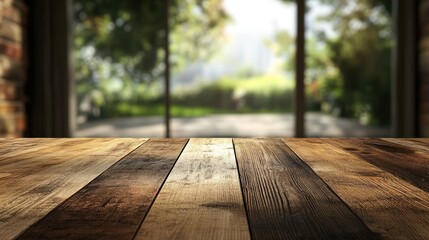 Fototapeta premium Wooden table surface with glass window reflection as backdrop for product display.