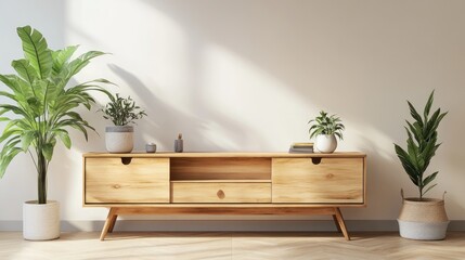 Wooden TV stand with tropical plant in living room interior mockup for product display.