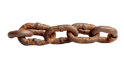 Rusted Chain: A close-up captures a heavily rusted iron chain, its links displaying the effects of time, exposure and oxidation. Each link shows the effects of environmental wear.