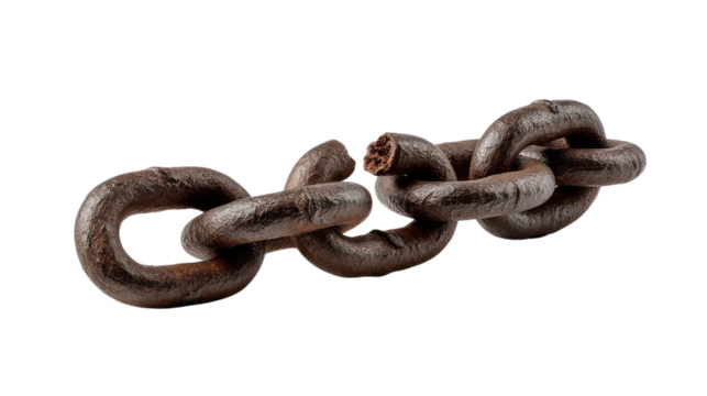 Freedom's Embrace: A weathered, robust iron chain, severed mid-link, symbolizes liberation and breaking free from constraints, presenting an evocative statement of resilience.