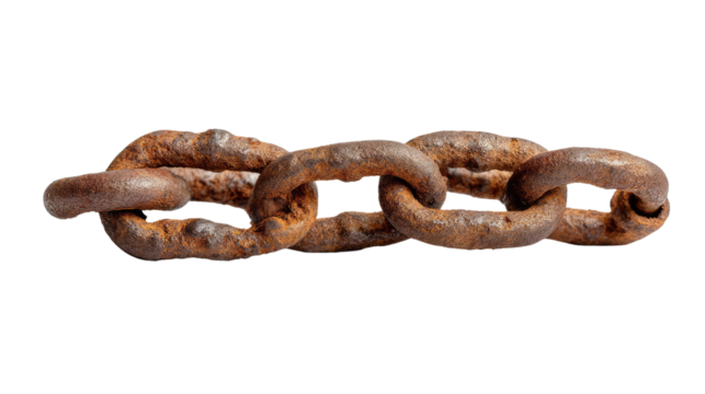 Rusted Chain: A close-up captures a heavily rusted iron chain, its links displaying the effects of time, exposure and oxidation. Each link shows the effects of environmental wear.