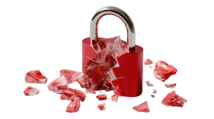 Breaking Security: A shattered padlock, symbolizing breached security or vulnerability, rendered in striking detail, with shards of glass scattered around.