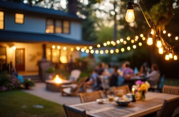 A cozy backyard evening gathering with string lights, a fire pit, and people enjoying a meal together.