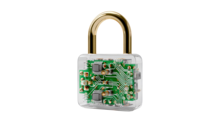 Digital Security: A transparent padlock revealing an intricate circuit board, symbolizing the complexities of protecting digital data.