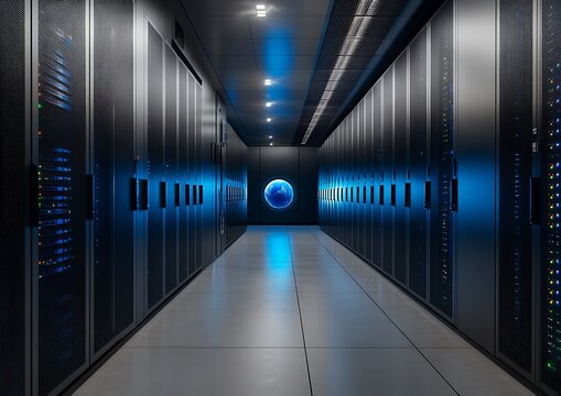 Server room with globe (1) - Powered by Adobe