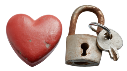 Unlocking Heart: A weathered padlock and key rest beside a vibrant heart, a metaphor for protection, security, and the act of unlocking love's innermost secrets.