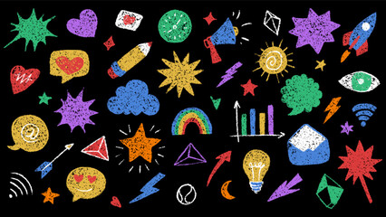 Bright Crayon Doodle Artistic Vector with Various Creative and Fun Elements