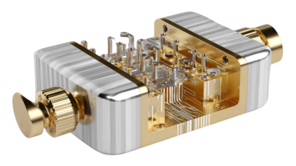 High-Tech Gadget: A close-up shot of a sophisticated electronic device, showcasing intricate circuit board design and precision engineering. The metallic finish adds a modern touch.