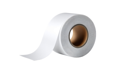 Roll of White Tape: A pristine roll of white tape, partially unrolled, presents its smooth surface in a detailed studio shot, emphasizing its adhesive nature.