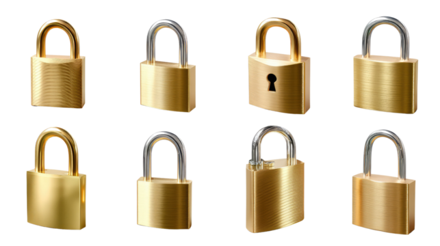 Secure Array: A collection of gold padlocks in various states, signifying security, protection, and the concepts of safety, access, and restricted entry.