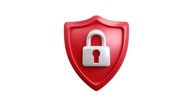 Red Shield and Padlock: A 3D rendering of a red shield with a white padlock in the center, symbolizing security, protection, and privacy. 