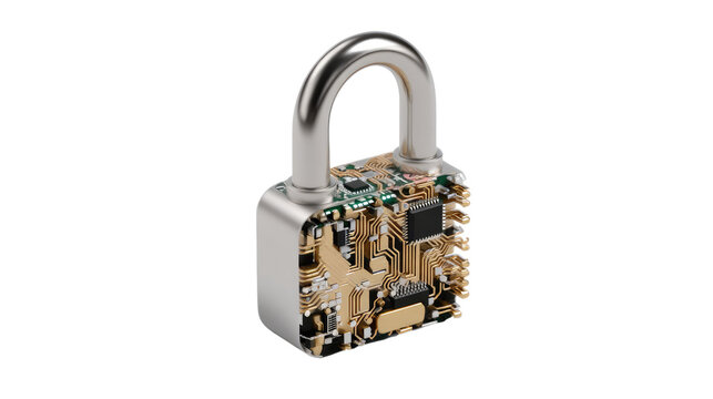 Digital Fortress: A close-up shot of a futuristic padlock showcases the fusion of physical security with digital technology, symbolizing cyber safety and online data protection. - Powered by Adobe