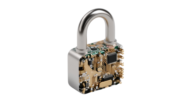Digital Fortress: A close-up shot of a futuristic padlock showcases the fusion of physical security with digital technology, symbolizing cyber safety and online data protection.