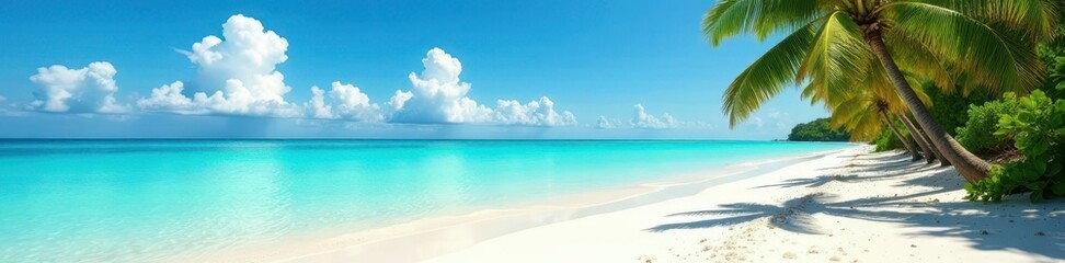Vibrant turquoise sea meets white sand; lush palms sway gently , serene, clouds