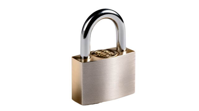 Secure Confidence: A close-up shot of a padlock, offering a sense of robust security and protection, with a shiny metal finish, embodying themes of safeguarding and privacy.