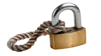 Padlock Secured with Rope: A brass padlock secured with a weathered rope, suggesting themes of security, protection, and constraint. The image is simple yet evocative.
