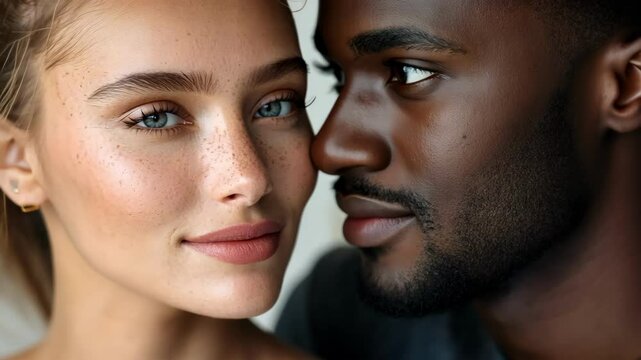 Close up portrait of two people, a happy Caucasian woman and Black man, diverse couple smiling.