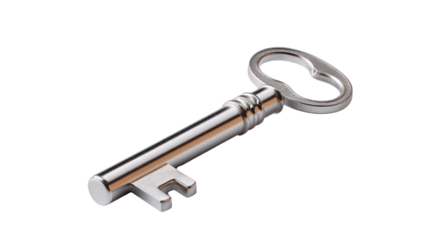 Vintage Key on Display: A vintage key, expertly crafted with a polished finish, lies isolated, inviting contemplation of secrets held, past eras, and access granted.
