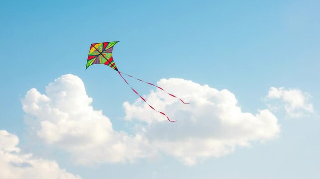 multi-colored kite flying on a blue sky background, air, flight, hobby, entertainment, play, fly, wind, white clouds