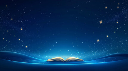 Surreal flat design of open book against starry night sky, evoking sense of wonder and imagination