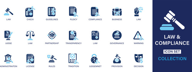 Law and Compliance icon set collection. Check, guidelines, policy, compliance, business, partnership, transparency, governance, warning, administration . And solid icon set collection.