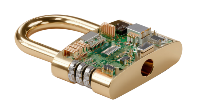 Digital Security: A gleaming padlock, symbolizing robust digital security, reveals an intricate circuit board within, representing the complex architecture of data protection.