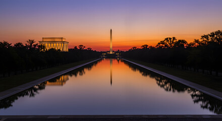 Washington Monument and Lincoln Memorial Reflecting Pool at Sunset, Washington D.C., with Vibrant Colors and Iconic Landmarks