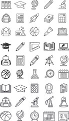 Fototapeta premium Minimalist Black and White Vector Illustration of School, Education, Graduation, and Academic Icons