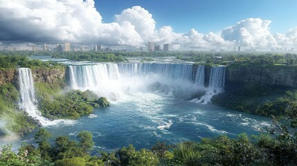 Fototapeta premium Panoramic view of Niagara Falls, lush greenery, city skyline, cascading water, dramatic clouds