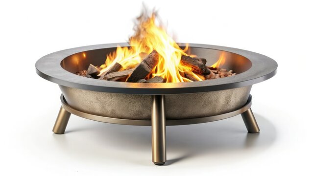 Stunning Fire Pit Side View, Low Light Photography, White Background, Sharp Details, Realistic Ember Glow