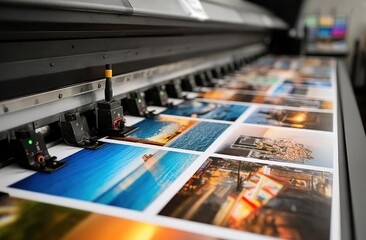 A large format printer produces vibrant, high-resolution photo prints featuring various landscapes and cityscapes.